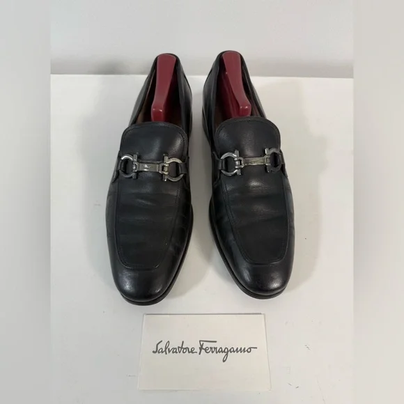 Salvatore Ferragamo Black Leather Loafers with Horsebit Detail